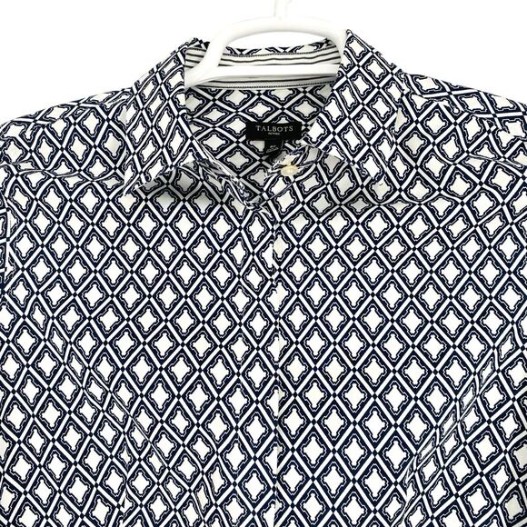 Talbots Button Down Shirt Blue White Geometric Cotton Petite 6 Wrinkle Resistant - Picture 8 of 9
